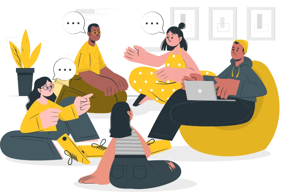 Students talking together in a group class